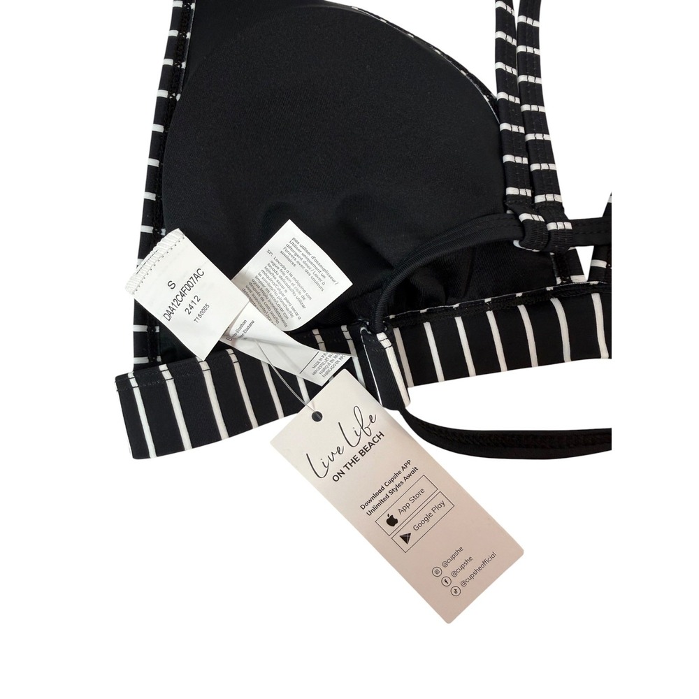 Cupshe NWT Black White Stripe V-Neck Double Strap Bikini Hip Cutout Set Small S - Picture 12 of 13